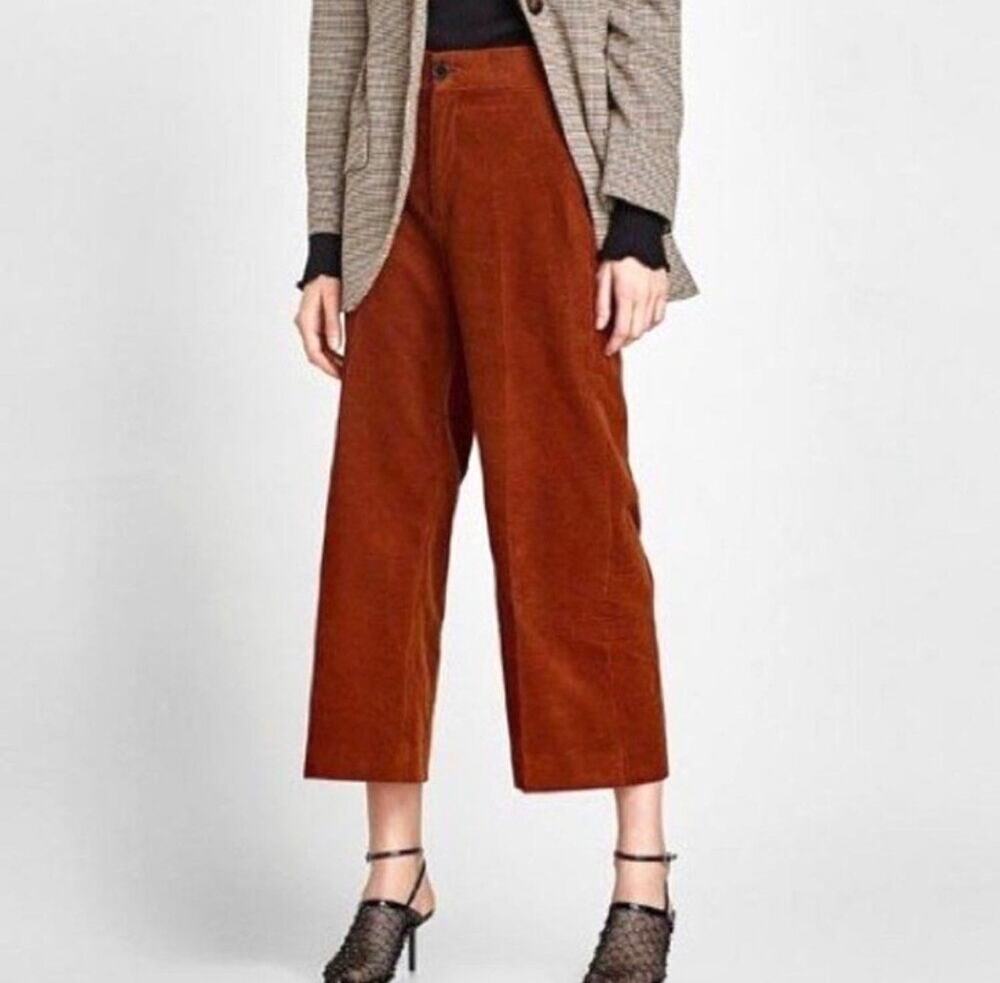 Zara Corduroy High Rise Cropped Wide Leg Pants XS Burgundy Red